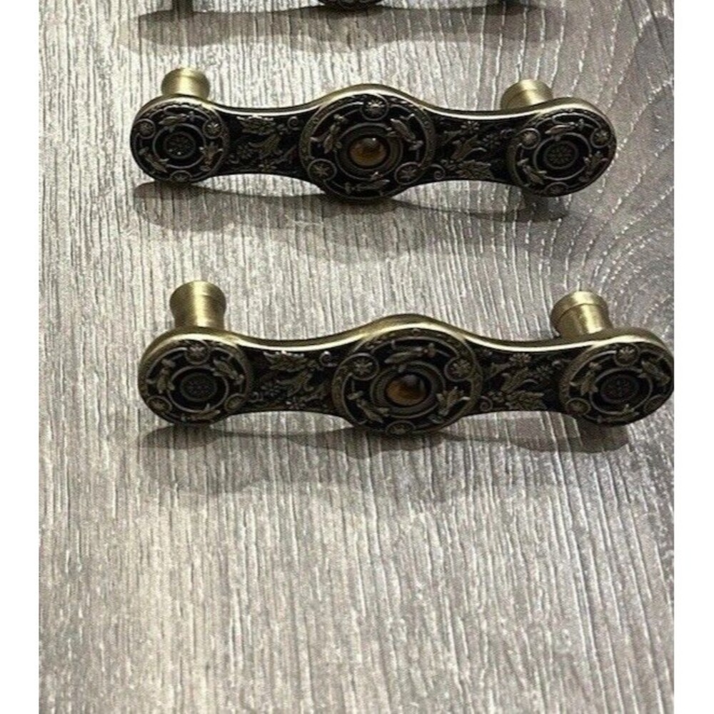 Jeweled Lily Tiger Eye Drawer Pull Antique Brass Ornate High End Made In USA